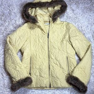 CAbi Women's Quilted Lightweight Jacket, Removable Hood, Green/Yellow, Size Med